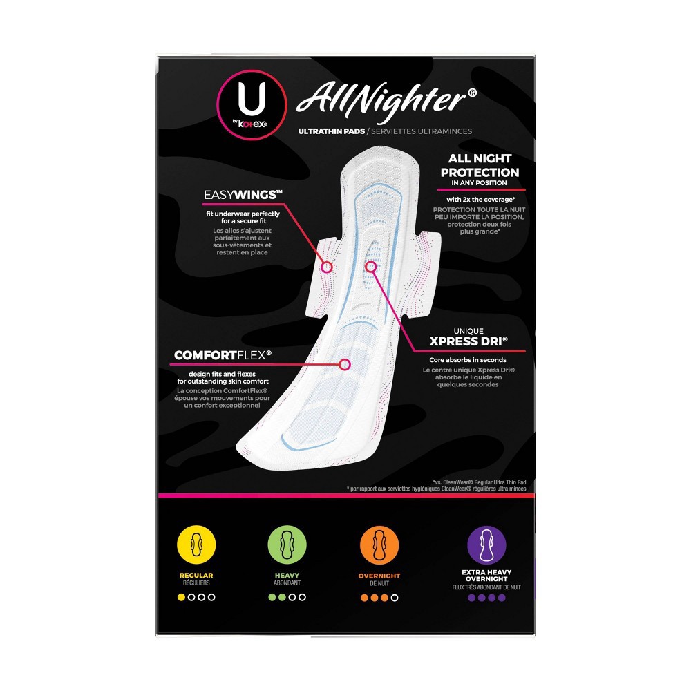 slide 6 of 8, U by Kotex AllNighter Ultra Thin Overnight Fragrance Free Pads with Wings - Extra Heavy - Unscented - 20ct, 20 ct