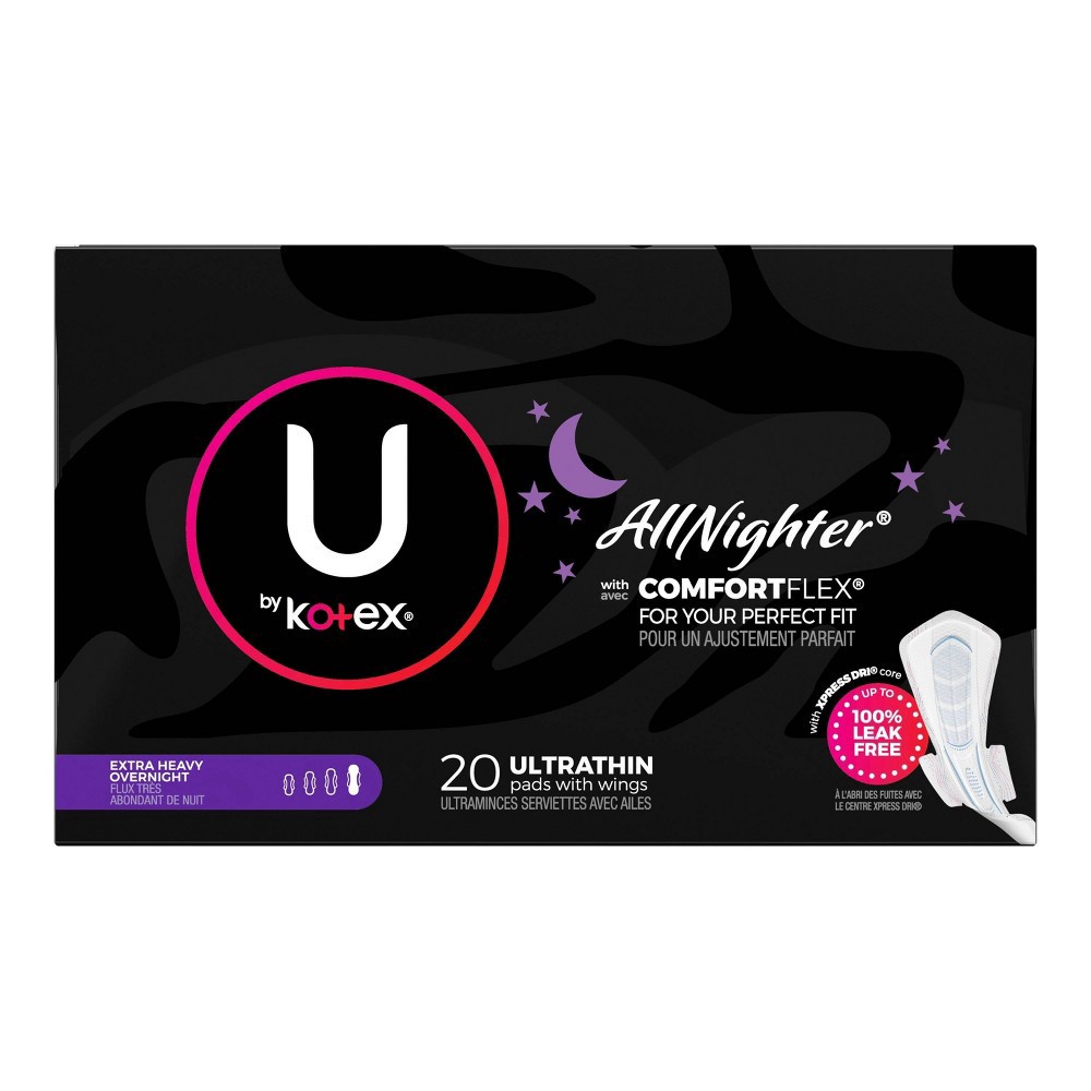 slide 3 of 8, U by Kotex AllNighter Ultra Thin Overnight Fragrance Free Pads with Wings - Extra Heavy - Unscented - 20ct, 20 ct