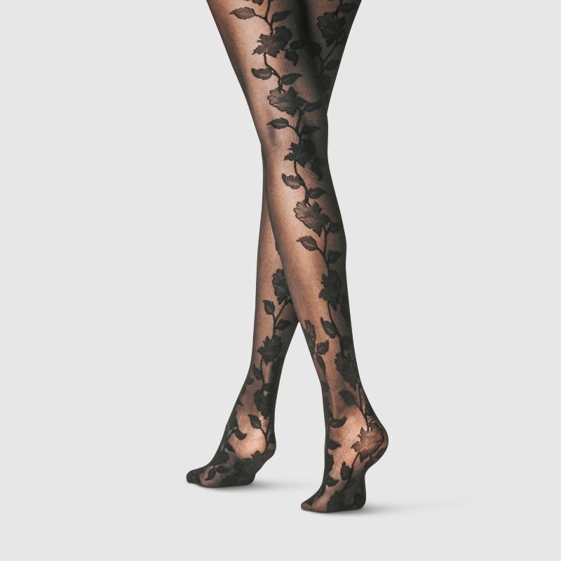 slide 1 of 2, Women's Floral Back Tights - A New Day™ Black L/XL: Sheer High Waisted Hosiery, Nylon Spandex Blend, Tagless Design, 1 ct