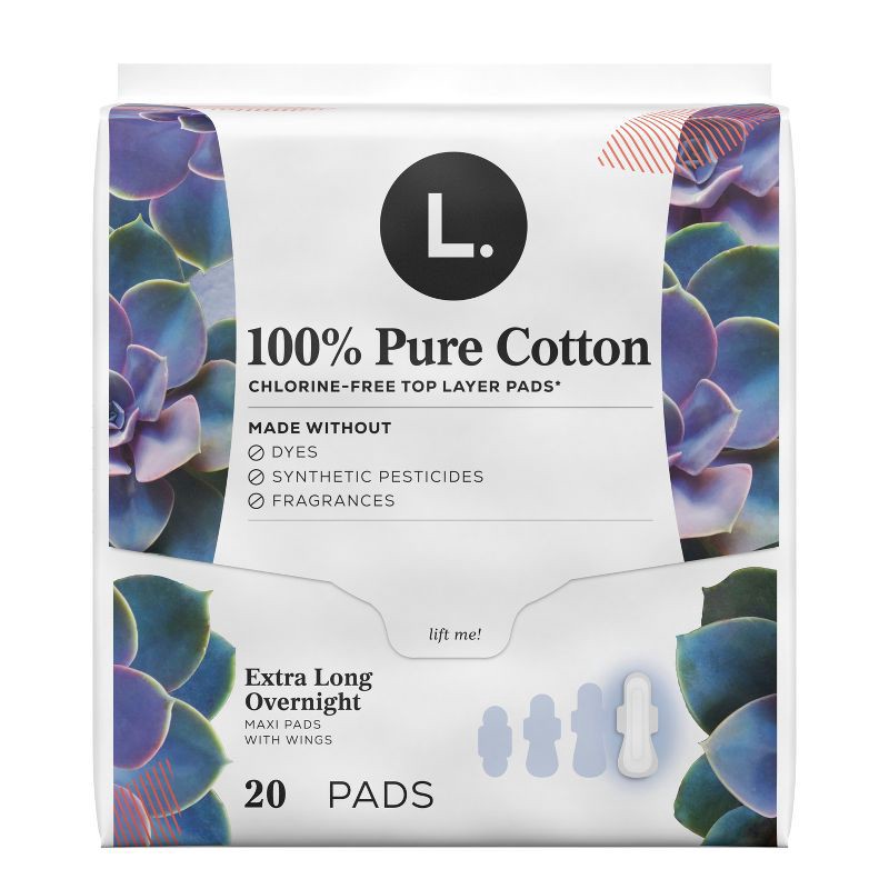 slide 2 of 10, L . Organic Cotton Maxi Extra Long Overnight Pads - 20ct, 20 ct