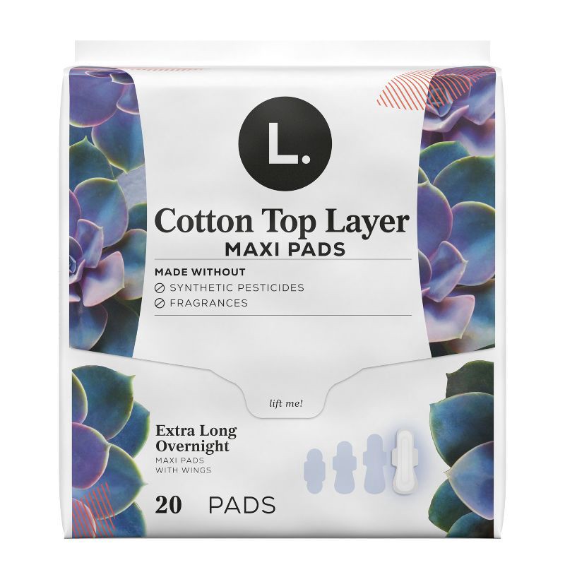 slide 12 of 13, L . L. Organic Cotton Top Layer Maxi Extra Long Pads - Overnight Absorbency - 20ct, 20 ct