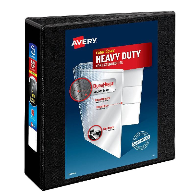 slide 1 of 4, Avery 670 Sheet 3" Heavy Duty Non Stick View Ring Binder Black: 3 Inch D-Ring, Polypropylene, 4 Pockets, Clear Hard Cover, 670 sheets