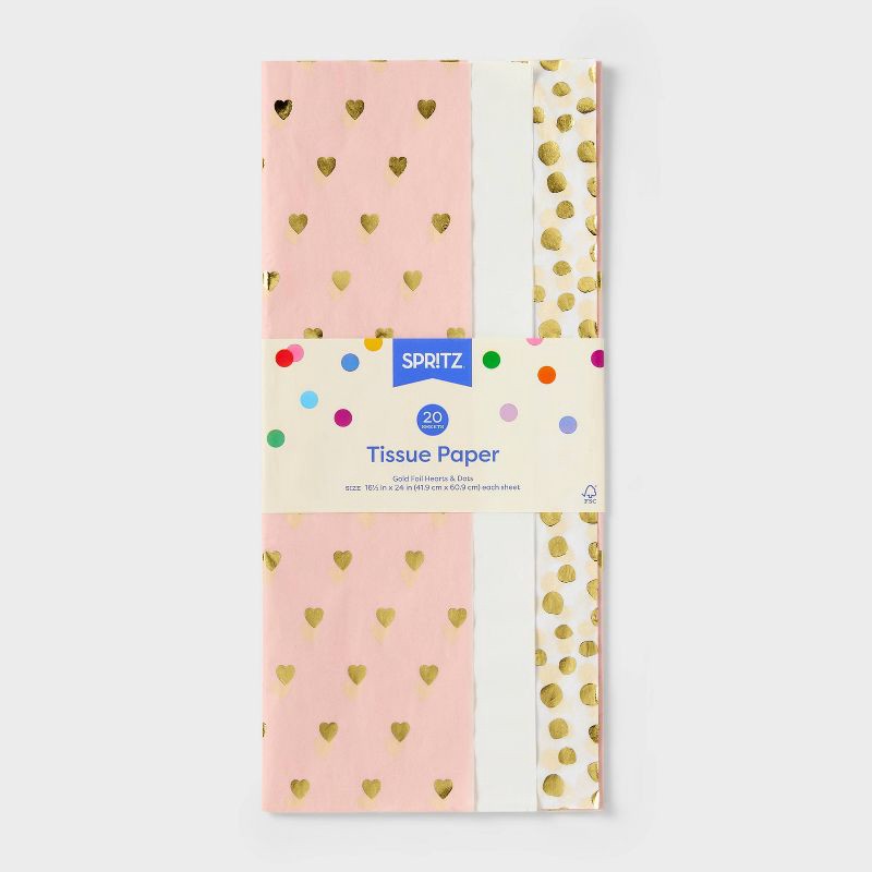 slide 3 of 3, 20ct Tissue Paper Pink Metallic Hearts/ Dots Print - Spritz™: Multicolor Gift Packaging, 20 Sheets, 16.5" x 24" for All Occasions, 20 ct, 20 sheets