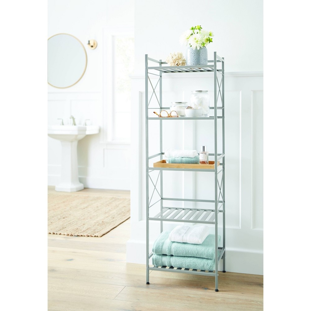 slide 4 of 6, Square Tube 5 Tier Decorative Storage Cabinets Brushed Nickel - Threshold, 1 ct