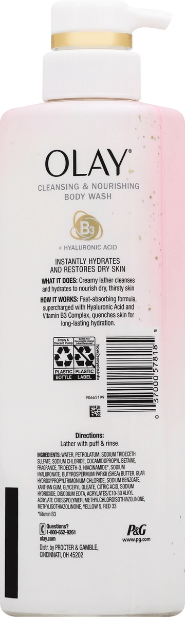 slide 4 of 9, Olay Cleansing & Nourishing Body Wash With Vitamin B3 And Hyaluronic Acid, 17.9 fl oz