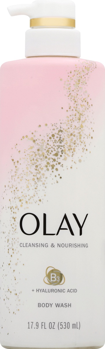 slide 6 of 9, Olay Cleansing & Nourishing Body Wash With Vitamin B3 And Hyaluronic Acid, 17.9 fl oz