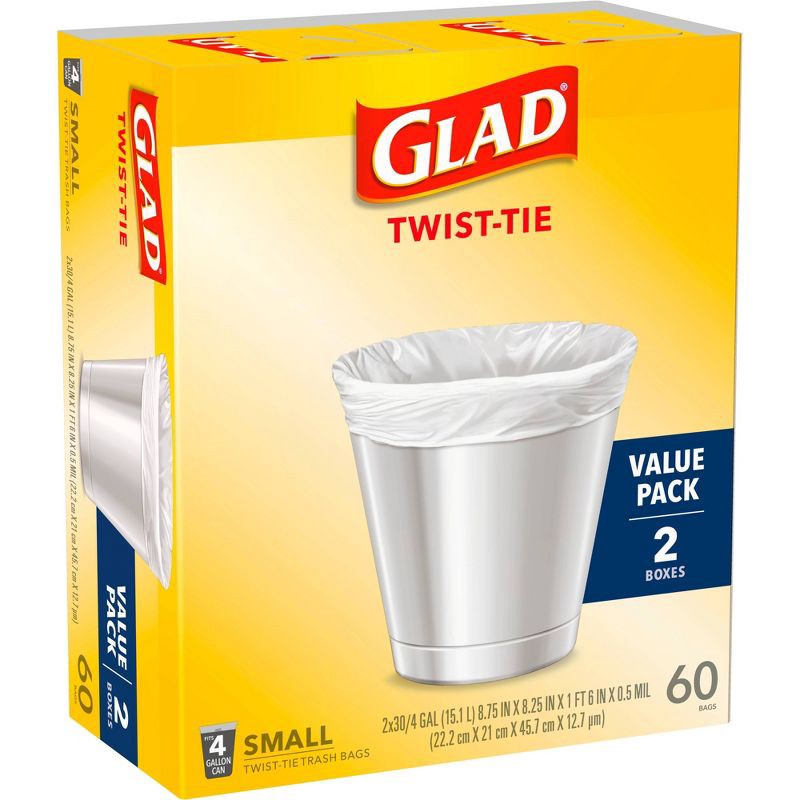 slide 2 of 9, Glad Small Trash Bags 4 Gallon Twist Tie Value Pack - White - 60ct, 4 gal, 60 ct