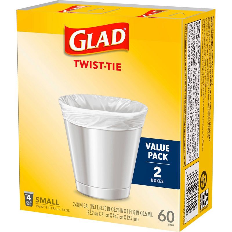 slide 3 of 9, Glad Small Trash Bags 4 Gallon Twist Tie Value Pack - White - 60ct, 4 gal, 60 ct