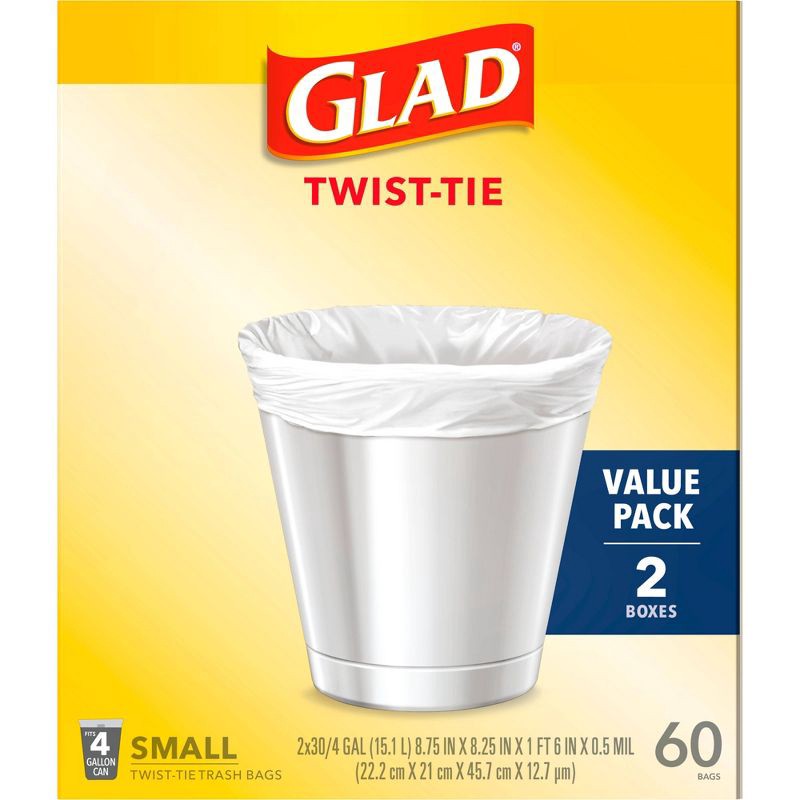 slide 6 of 9, Glad Small Trash Bags 4 Gallon Twist Tie Value Pack - White - 60ct, 4 gal, 60 ct