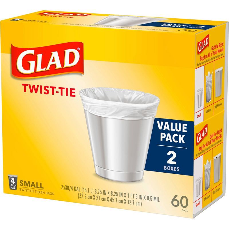 slide 6 of 11, Glad Small Trash Bags 4 Gallon Twist Tie Value Pack - White - 60ct, 4 gal, 60 ct