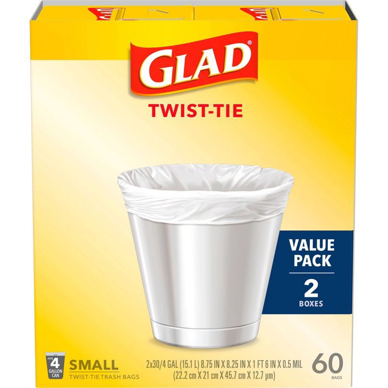 slide 7 of 9, Glad Small Trash Bags 4 Gallon Twist Tie Value Pack - White - 60ct, 4 gal, 60 ct