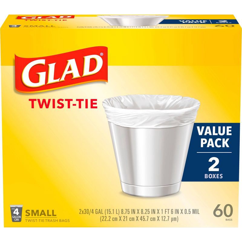 slide 1 of 9, Glad Small Trash Bags 4 Gallon Twist Tie Value Pack - White - 60ct, 4 gal, 60 ct