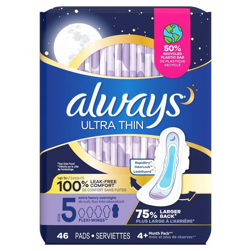 slide 2 of 9, Always Extra Heavy Overnight Absorbency Unscented Ultra Thin Pads with Wings - Size 5 - 46ct, 46 ct