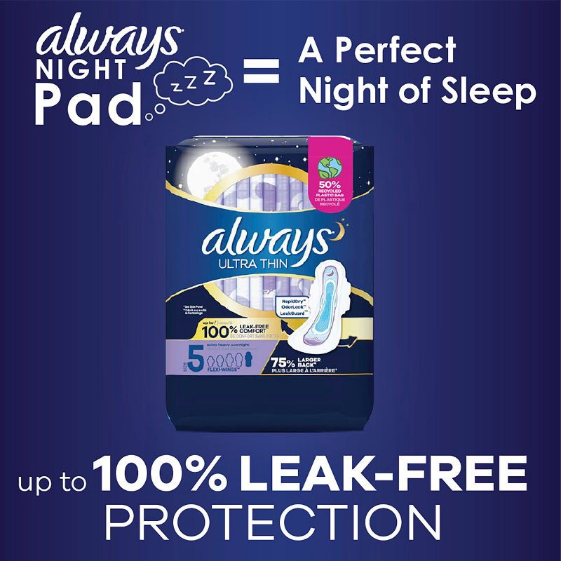 slide 7 of 9, Always Extra Heavy Overnight Absorbency Unscented Ultra Thin Pads with Wings - Size 5 - 46ct, 46 ct