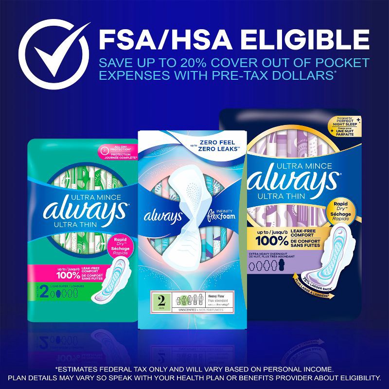 slide 8 of 14, Always Extra Heavy Overnight Absorbency Unscented Ultra Thin Pads with Wings - Size 5 - 46ct, 5 x 46 ct