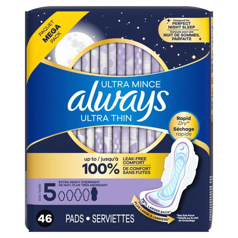 slide 10 of 14, Always Extra Heavy Overnight Absorbency Unscented Ultra Thin Pads with Wings - Size 5 - 46ct, 5 x 46 ct