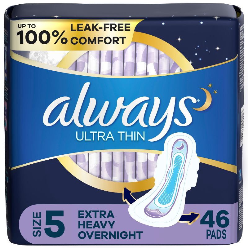 slide 1 of 9, Always Extra Heavy Overnight Absorbency Unscented Ultra Thin Pads with Wings - Size 5 - 46ct, 46 ct