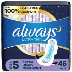 Always Extra Heavy Overnight Absorbency Unscented Ultra Thin Pads with Wings - Size 5 - 46ct