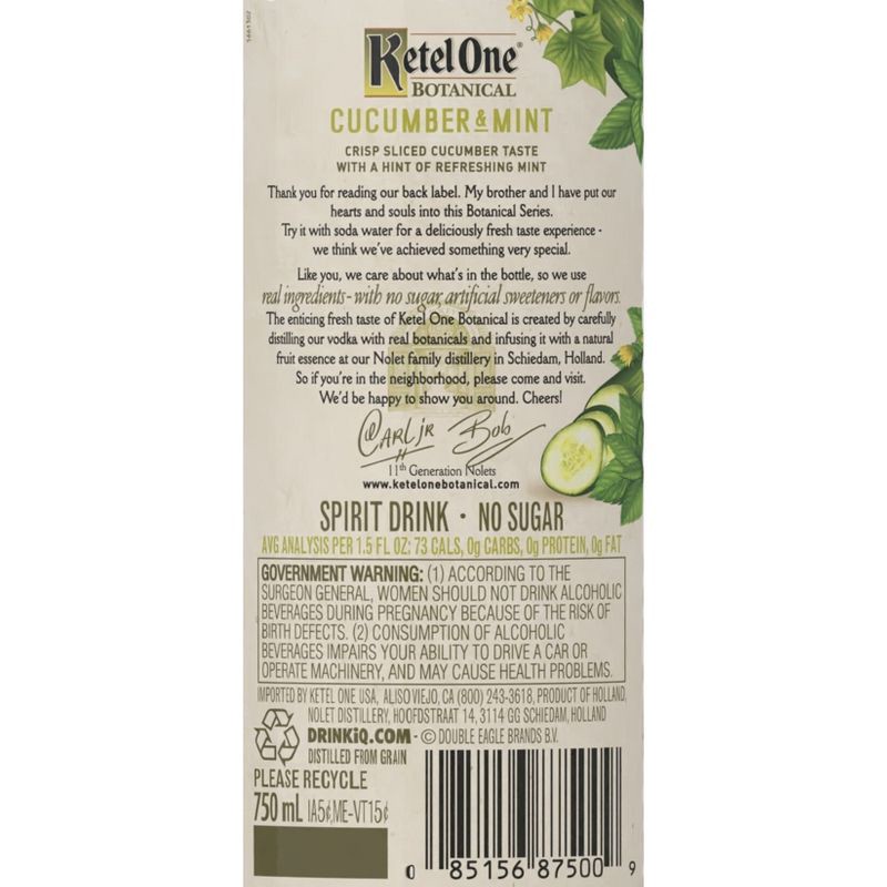 slide 5 of 10, Ketel One Botanical Cucumber Mint Vodka - 750ml Bottle, 750 ml