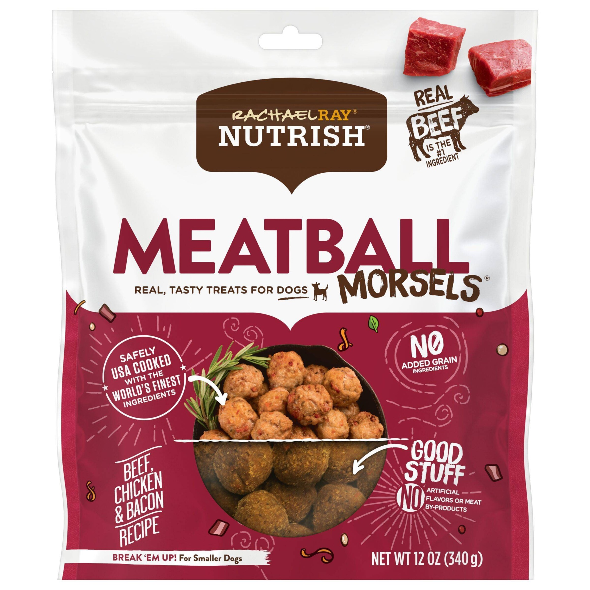slide 1 of 5, Rachael Ray Nutrish Meatball Morsels Grain Free Chewy Dog Treats Beef Chicken & Bacon Recipe 12oz, 12 oz