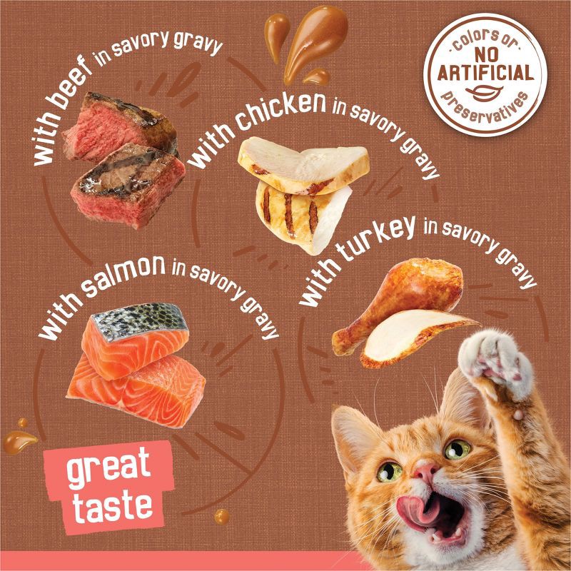 slide 4 of 10, Purina Friskies Extra Gravy Chunky Chicken, Turkey, Salmon & Beef Wet Cat Food - 5.5oz/24ct Variety Pack, 24 ct; 5.5 oz