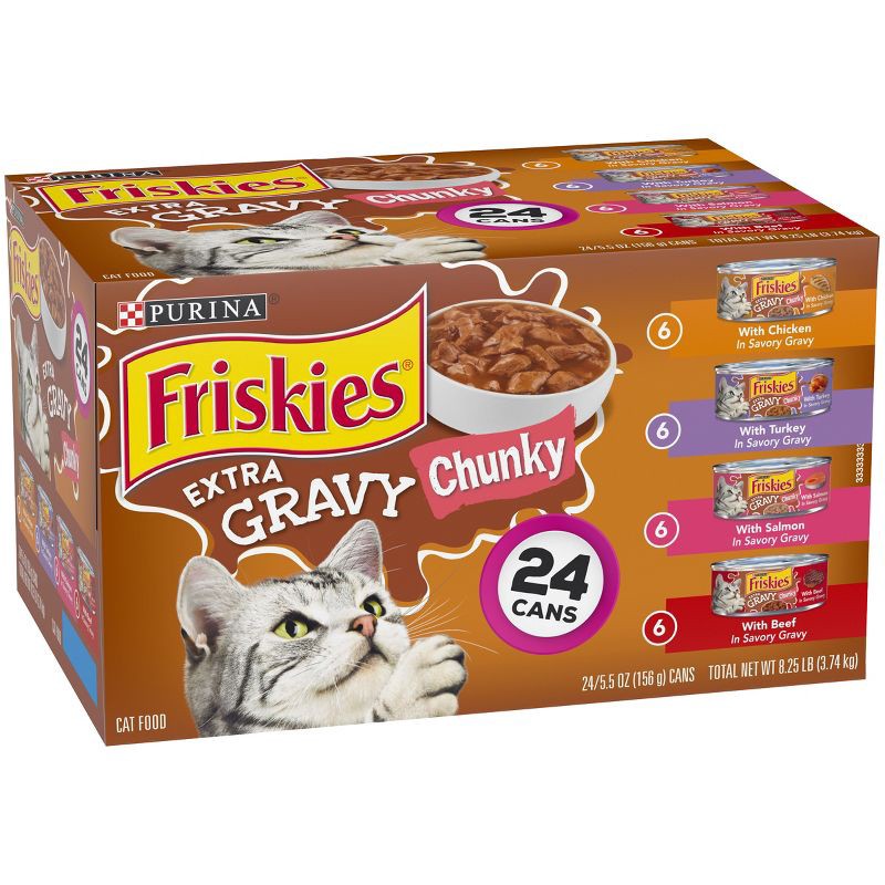 slide 4 of 5, Purina Friskies Extra Gravy Chunky Chicken, Turkey, Salmon & Beef Wet Cat Food - 5.5oz/24ct Variety Pack, 24 ct; 5.5 oz