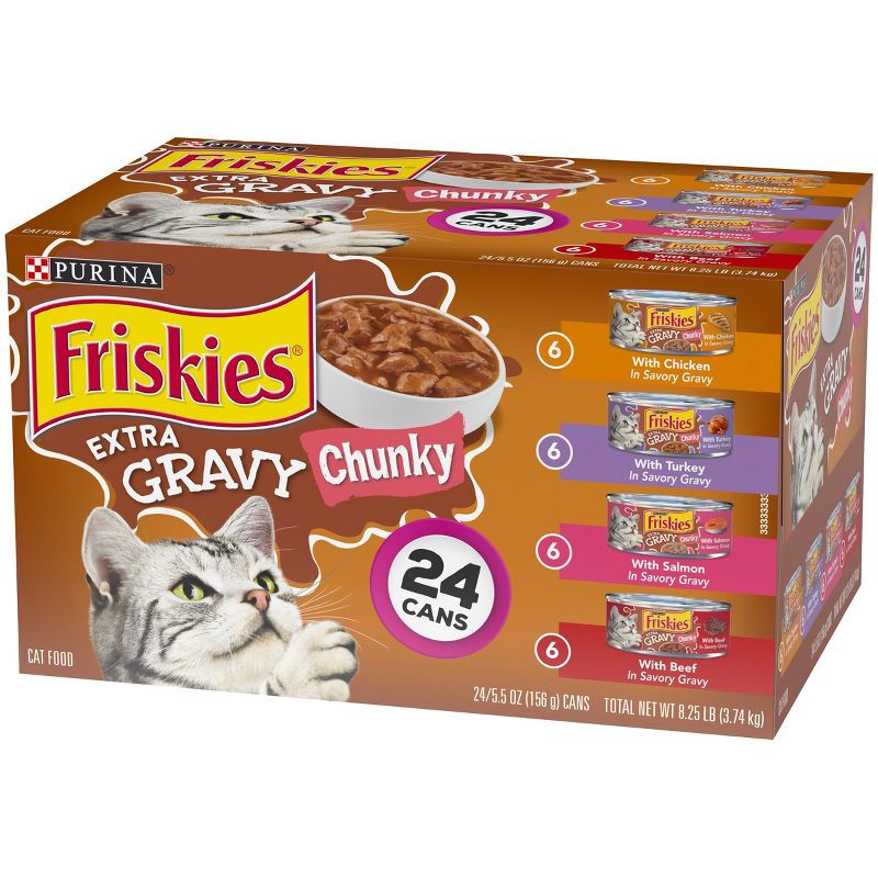 slide 5 of 5, Purina Friskies Extra Gravy Chunky Chicken, Turkey, Salmon & Beef Wet Cat Food - 5.5oz/24ct Variety Pack, 24 ct; 5.5 oz