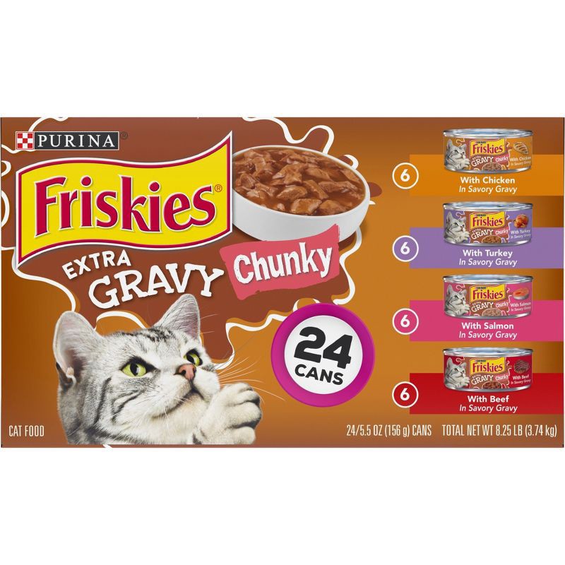 slide 9 of 10, Purina Friskies Extra Gravy Chunky Chicken, Turkey, Salmon & Beef Wet Cat Food - 5.5oz/24ct Variety Pack, 24 ct; 5.5 oz