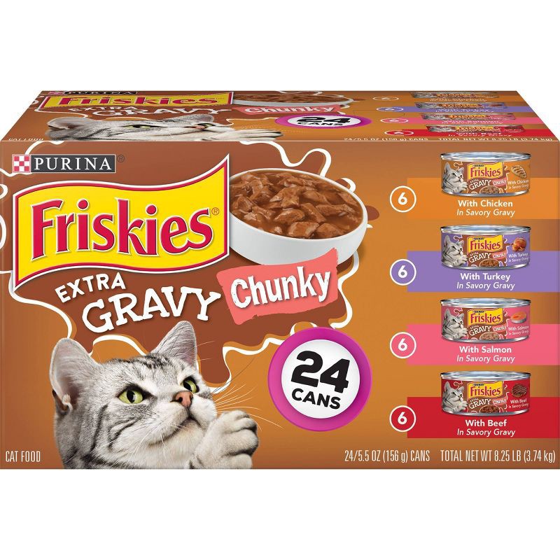 slide 1 of 5, Purina Friskies Extra Gravy Chunky Chicken, Turkey, Salmon & Beef Wet Cat Food - 5.5oz/24ct Variety Pack, 24 ct; 5.5 oz