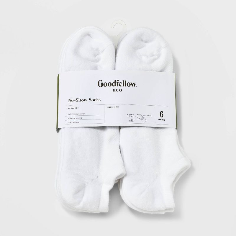 slide 2 of 3, Men's Odor Resistant No Show Socks 6pk - Goodfellow & Co™ White 6-12: Cotton Blend, Arch Support, Reinforced Heel & Toe, 6 ct
