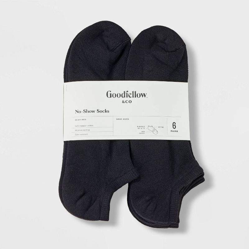 slide 2 of 3, Men's Odor Resistant No Show Socks 6pk - Goodfellow & Co™ Black 6-12: Arch Support, Reinforced Heel & Toe, 6 ct