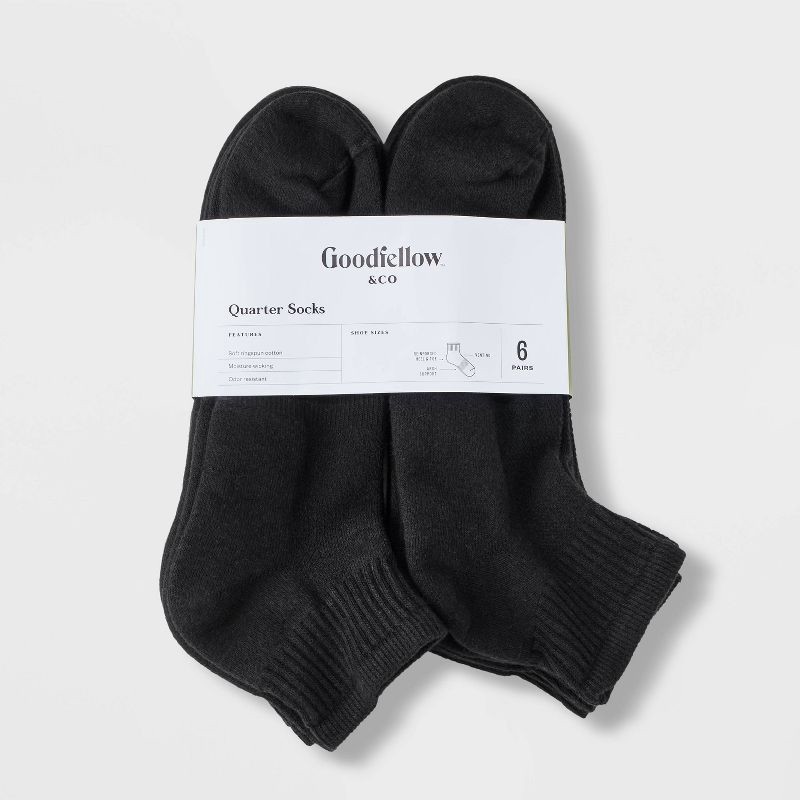 slide 2 of 3, Men's Odor Resistant Quarter Socks 6pk - Goodfellow & Co™ Black 6-12: Arch Support, Reinforced Heel, 6 ct