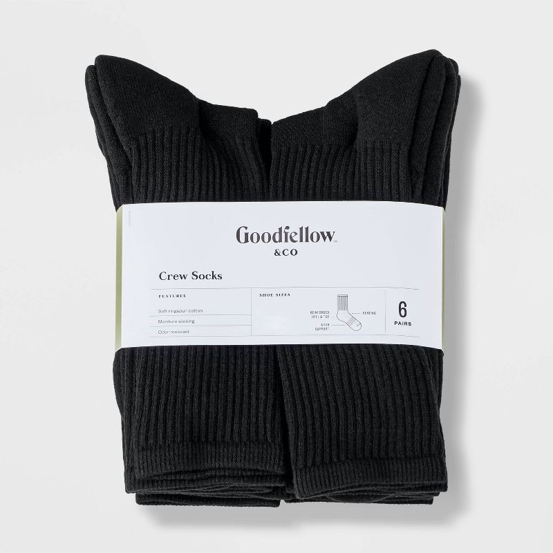 slide 2 of 3, Men's Odor Resistant Crew Socks 6pk - Goodfellow & Co™ Black 6-12: Arch Support, Reinforced Heel & Toe, 6 ct