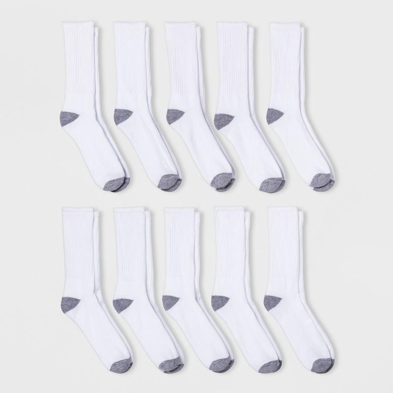 slide 1 of 1, Men's Odor Resistant Crew Socks 10pk - Goodfellow & Co™ White 6-12: Cotton Blend, Reinforced Heel & Toe, Machine Washable, 10 ct