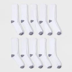 Men's Odor Resistant Crew Socks 10pk - Goodfellow & Co™ White 6-12: Cotton Blend, Reinforced Heel & Toe, Machine Washable