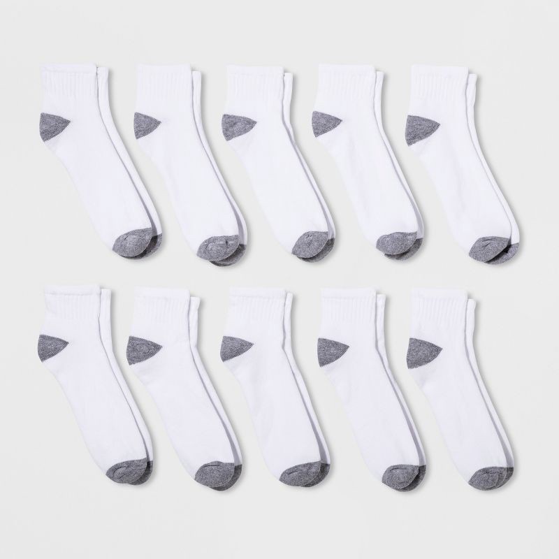 slide 1 of 1, Men's Quarter Socks 10pk - Goodfellow & Co™ White 6-12: Lightweight Knit, Reinforced Heel & Toe, 10 ct