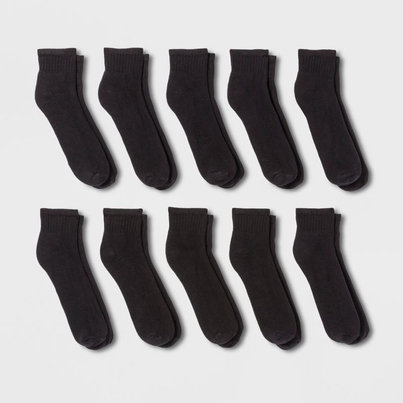 slide 1 of 1, Men's Quarter Socks 10pk - Goodfellow & Co™ Black 6-12: Lightweight Knit, Reinforced Heel & Toe, Machine Washable, 10 ct