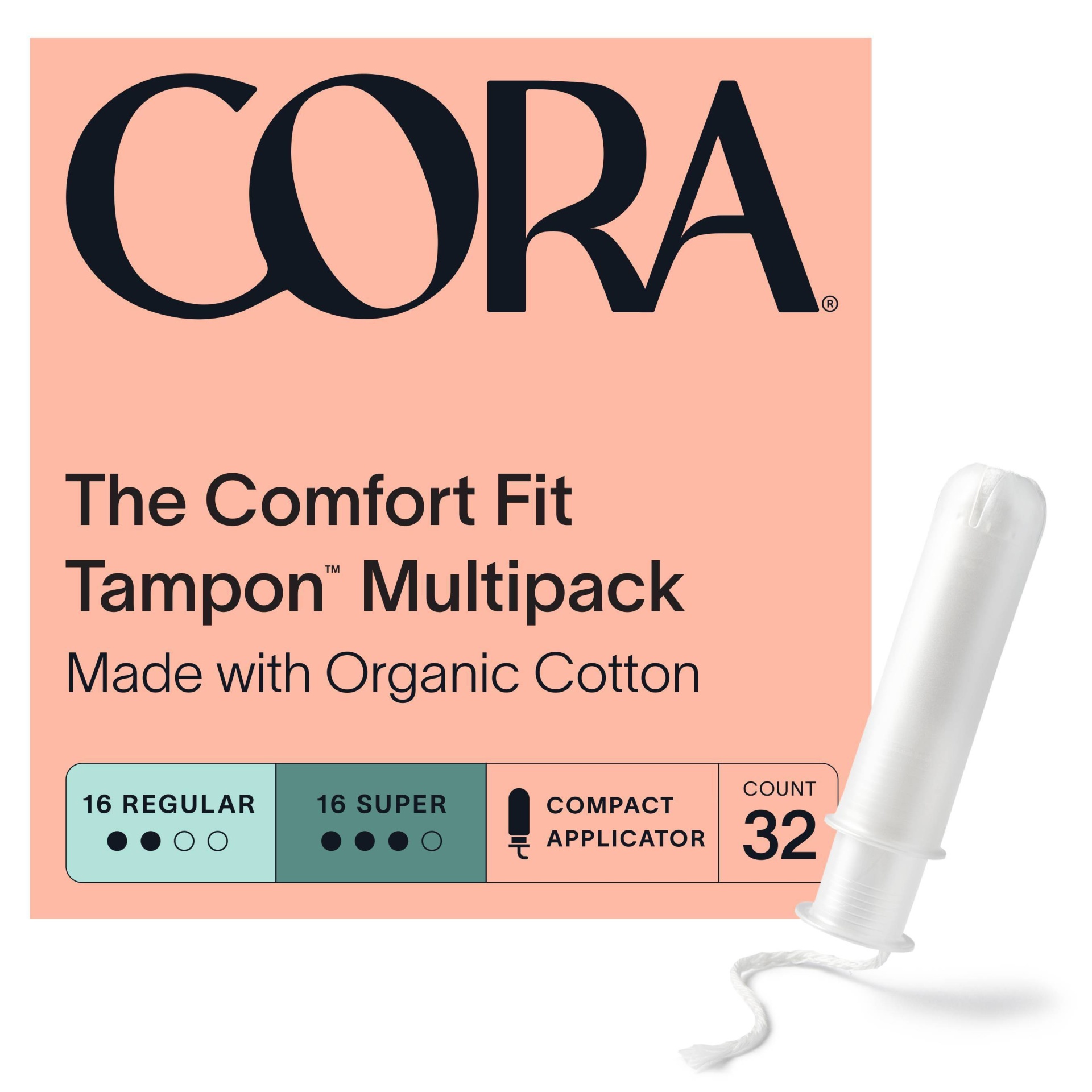 slide 1 of 8, Cora Organic Cotton Tampons Mix Pack - Regular/Super Absorbency, 32 ct