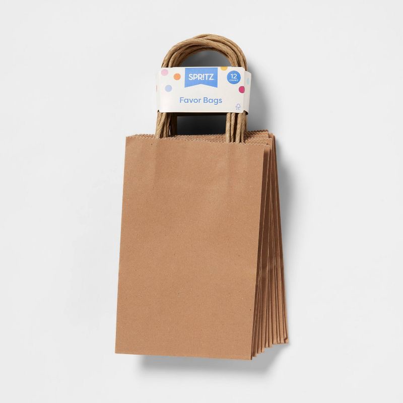 slide 3 of 3, 12ct Favor Tote Bag Brown - Spritz™: Paper Gift Bags for Birthday Party Favors, 8.25" x 5.25" x 3.25", Set of 12, 12 ct