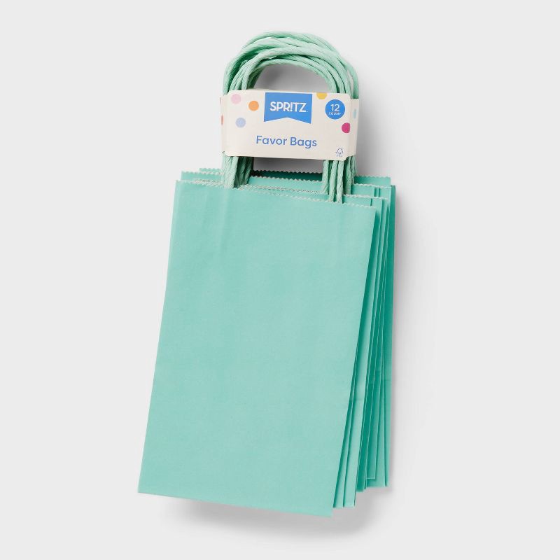 slide 3 of 3, 12ct Favor Tote Bag Aqua - Spritz™: Small Party Gift Bags, Solid Paper, Birthday Favor Bags, 8.25" x 5.25" x 3.25", 12 ct
