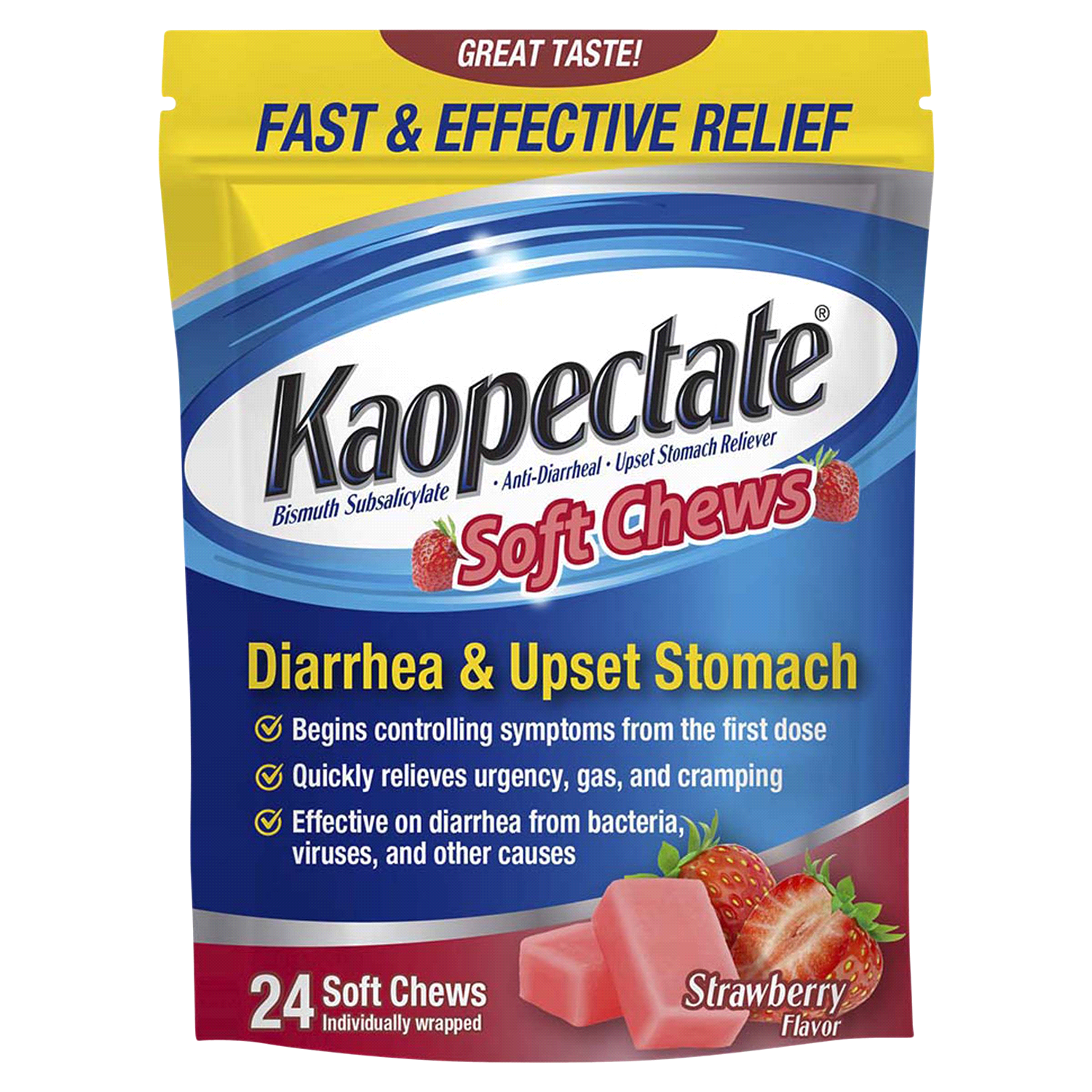 slide 1 of 3, Kaopectate Strawberry Flavor Diarrhea & Upset Stomach 24 Soft Chews, 24 ct