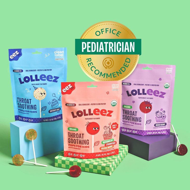 slide 7 of 14, The Eez Co. Lolleez Organic Throat Soothing Pops - Watermelon, Strawberry & Orange Mango - 15ct, 15 ct