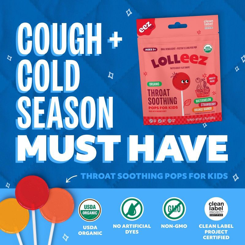 slide 9 of 14, The Eez Co. Lolleez Organic Throat Soothing Pops - Watermelon, Strawberry & Orange Mango - 15ct, 15 ct