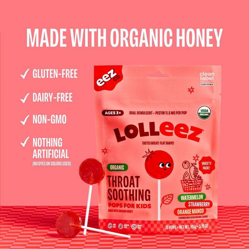 slide 10 of 14, The Eez Co. Lolleez Organic Throat Soothing Pops - Watermelon, Strawberry & Orange Mango - 15ct, 15 ct