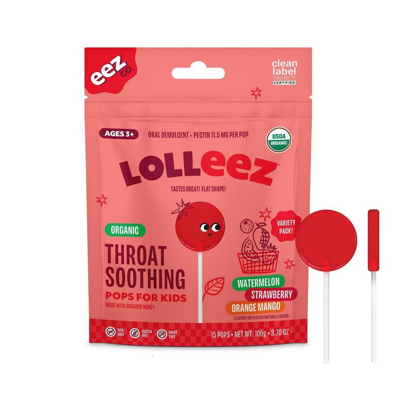 slide 1 of 8, The Eez Co. Lolleez Organic Throat Soothing Pops - Watermelon, Strawberry & Orange Mango - 15ct, 15 ct