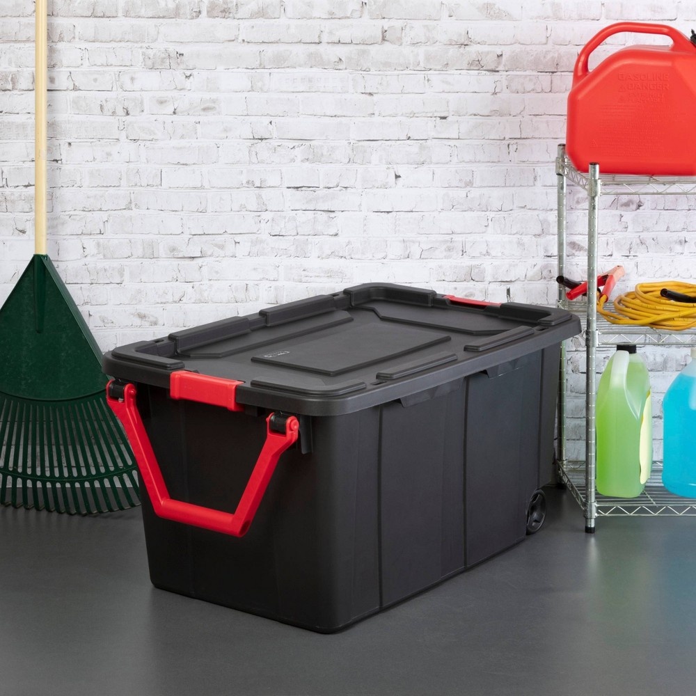 slide 2 of 5, Sterilite Wheeled Industrial Tote Black With Black Lid Red Latches And Handles, 40 gal