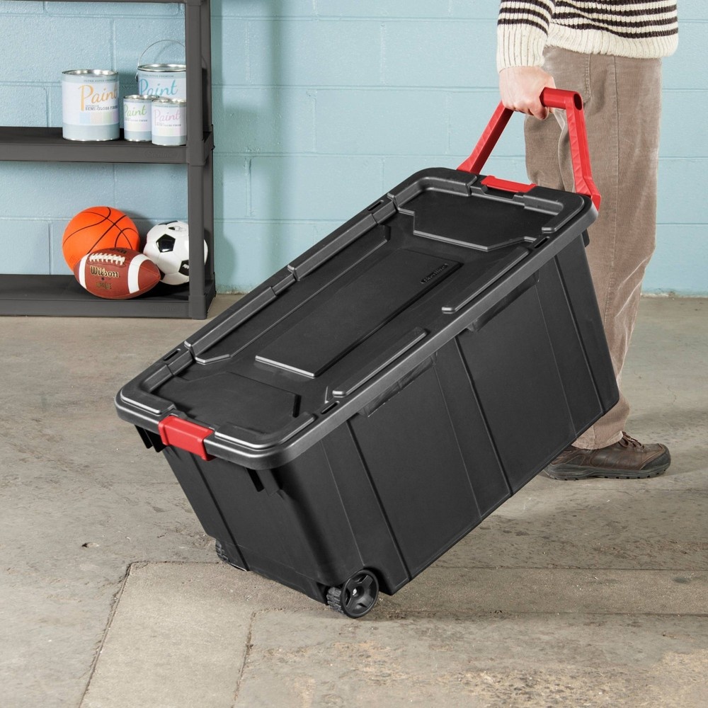 slide 3 of 5, Sterilite Wheeled Industrial Tote Black With Black Lid Red Latches And Handles, 40 gal