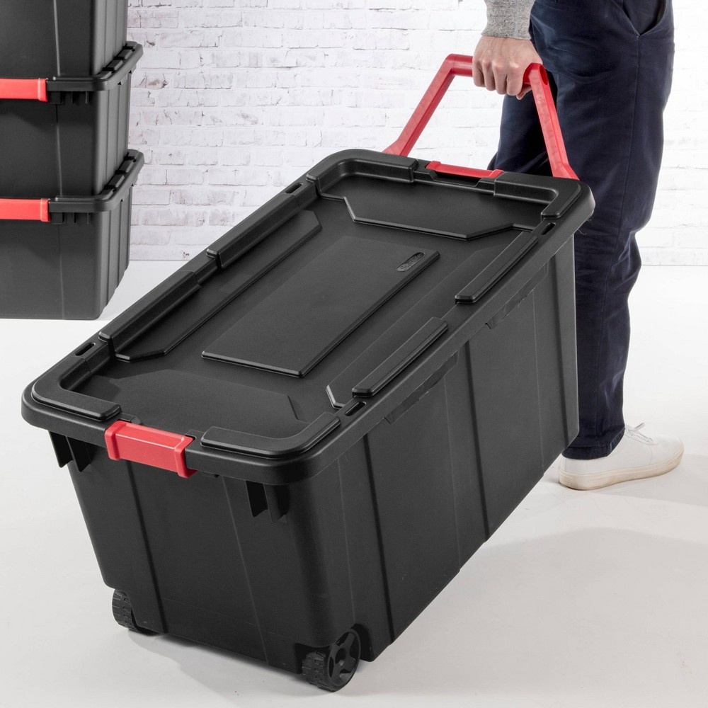 slide 5 of 5, Sterilite Wheeled Industrial Tote Black With Black Lid Red Latches And Handles, 40 gal