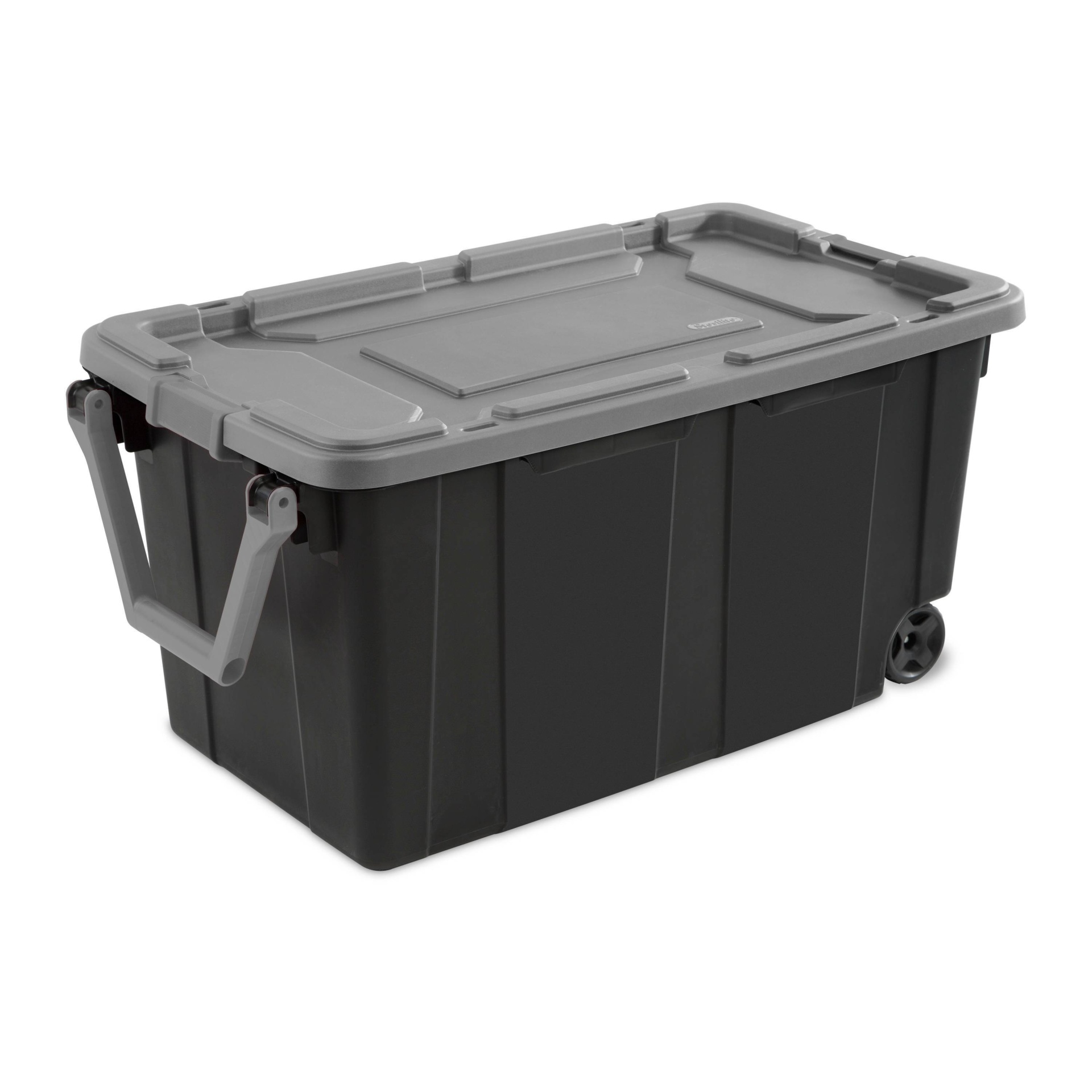 slide 1 of 5, Sterilite Wheeled Industrial Tote Black With Black Lid Red Latches And Handles, 40 gal