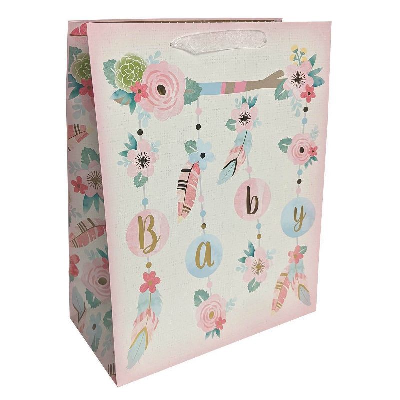 slide 1 of 1, Medium Boho Florals and Feathers Baby Shower Gift Bag - Spritz™, 1 ct